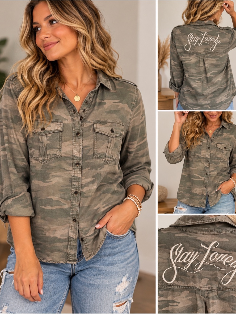 American Eagle Camo Stay Lovely Embroidered Boyfriend Fit Button Up Shirt M